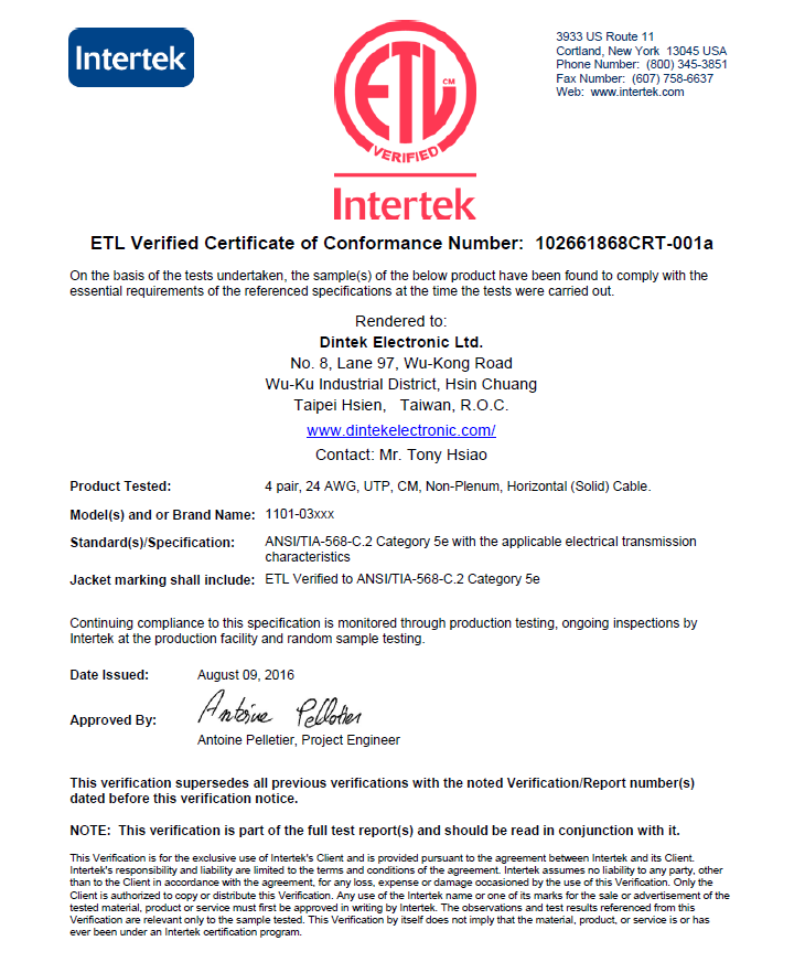 ETL Verified Certificate of Conformance