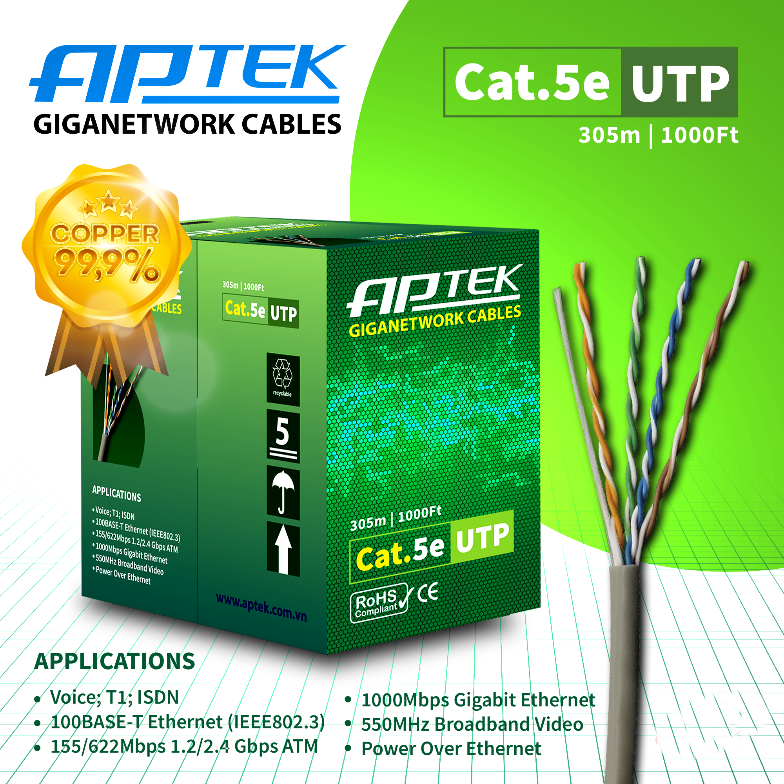 Cáp mạng APTEK Cat.5e UTP 305m Copper 